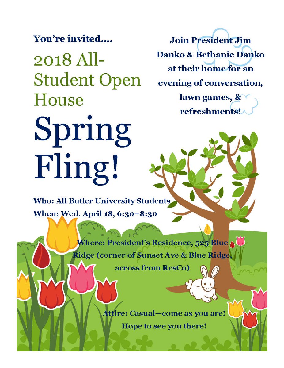 ButlerBethanie's tweet image. Inviting all @butleru students &amp;amp; FIRs to join @ButlerPrez, @ButlerVPSA, @meggerty &amp;amp; me for SPRING FLING at the President's Residence on Wed 4/18 from 6:30-8:30!