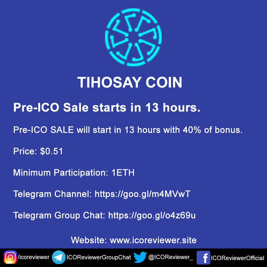 ICOReviewer_'s tweet photo. Tihosay Pre-ICO Sale is starting in 13 hours, get 40% bonus.
Price: $0.51
Minimum Participation: 1ETH
Telegram Channel: https://t.co/YNnmamJIB4
Regards,
#ICOReviewer #ICO
#cryptocurrency #bitcoin #ethereum #tihosay #tihosaytoken #tihosayico
Website: https://t.co/oe50fst2f1 https://t.co/xYORRBh6Qw