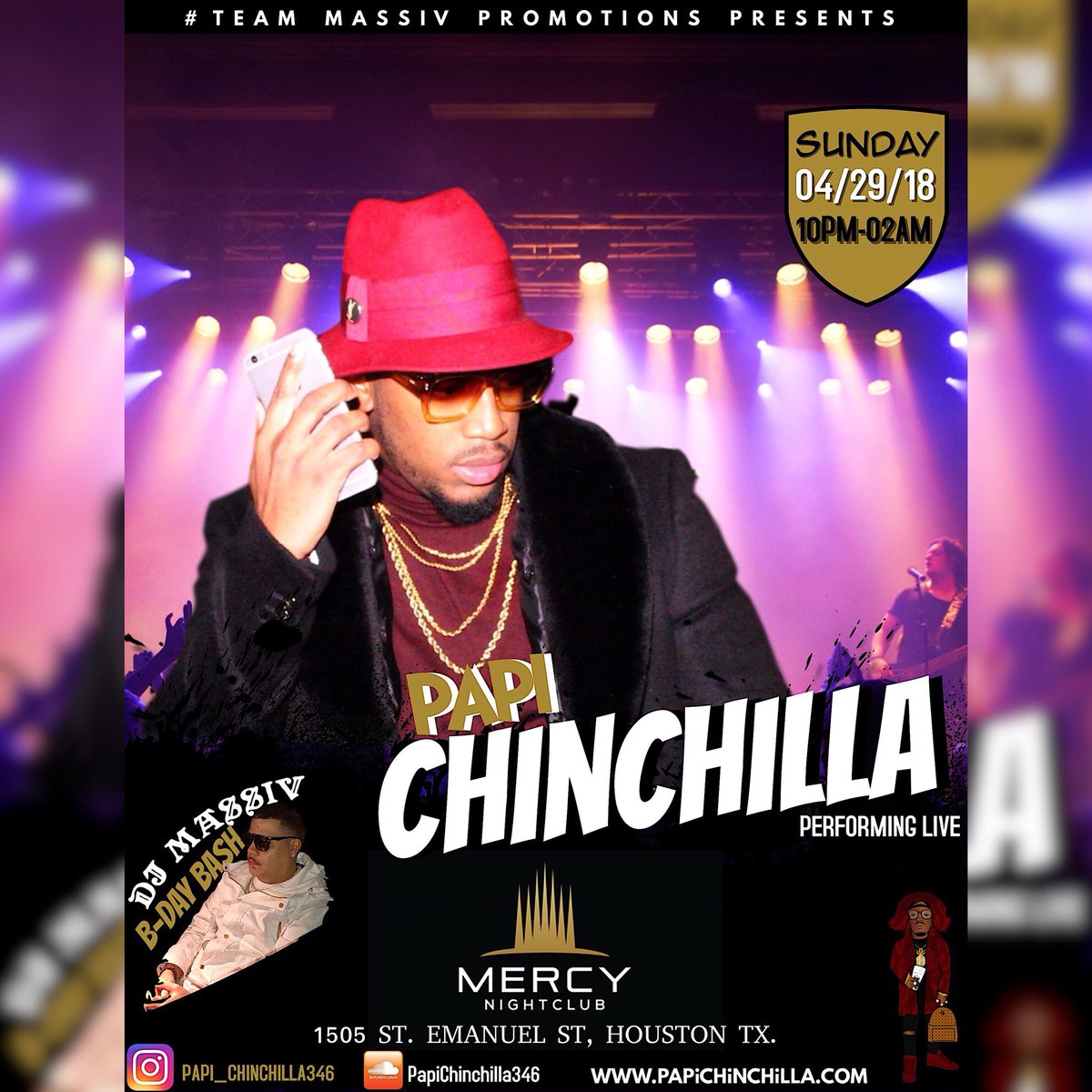 Djmassiv2k's tweet photo. 🚨Concert Alert🚨
•Sunday 4/29/18‼️
•Best Song Concert🎤
•$1,000 Win A Rack💸
•$200 Sections🍾
•Info 2816606760📲
•Dj Massiv B day🎂
•Mercy Houston🔥
•1505 St Emanuel St Htx📍
#Teammassiv #Djmassiv #Mercyhouston
@Papi_Chinchilla https://t.co/tcn3unMCA2
