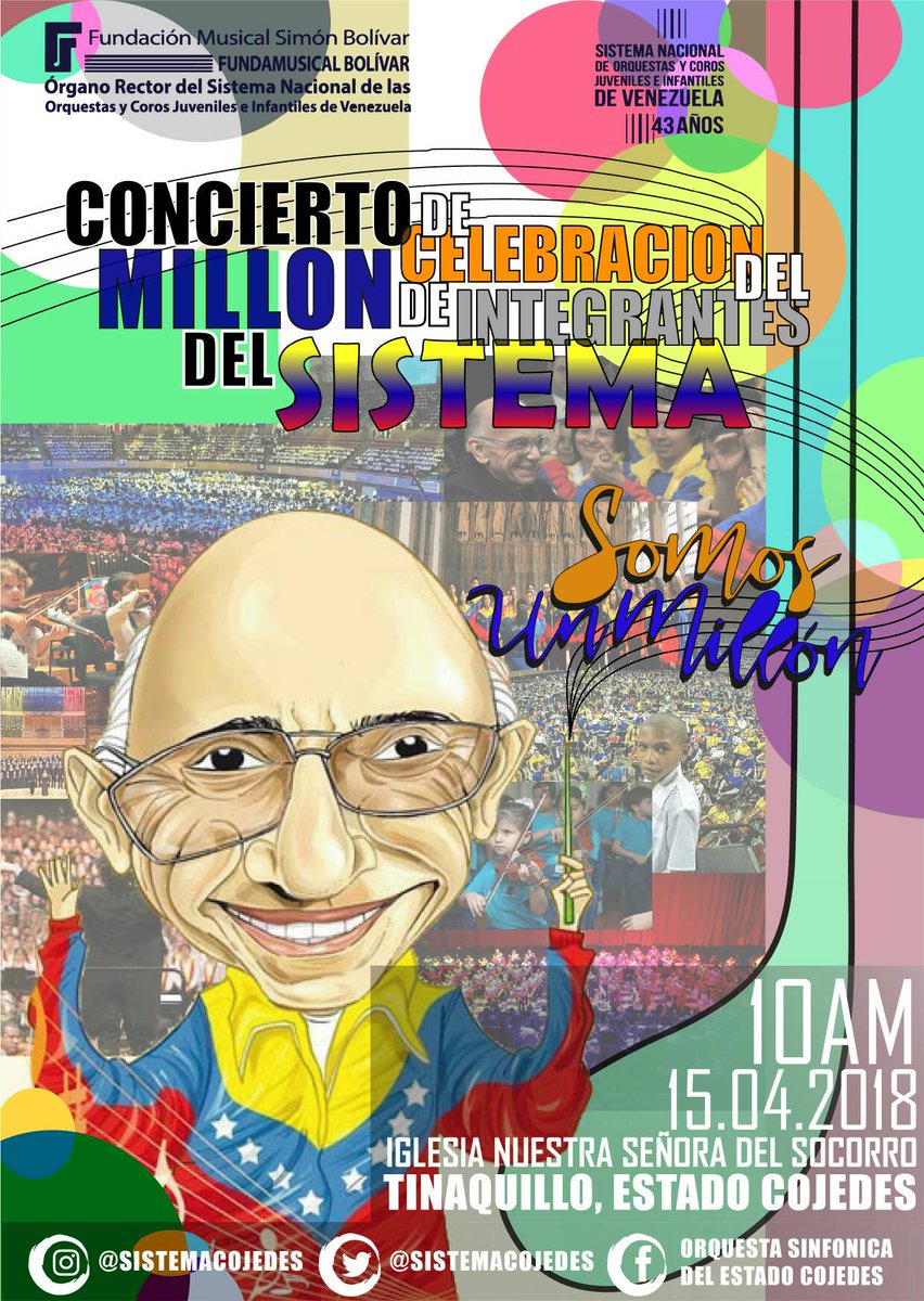Ven a celebrar con nosotros el gran logro que gracias al maestro Abreu hemos logrado!!. #SOMOSUNMILLOS #ELSISTEMACOJEDES #VENEZUELA #ELSISTEMA #AHORAVAMOSPARA2MILLONES