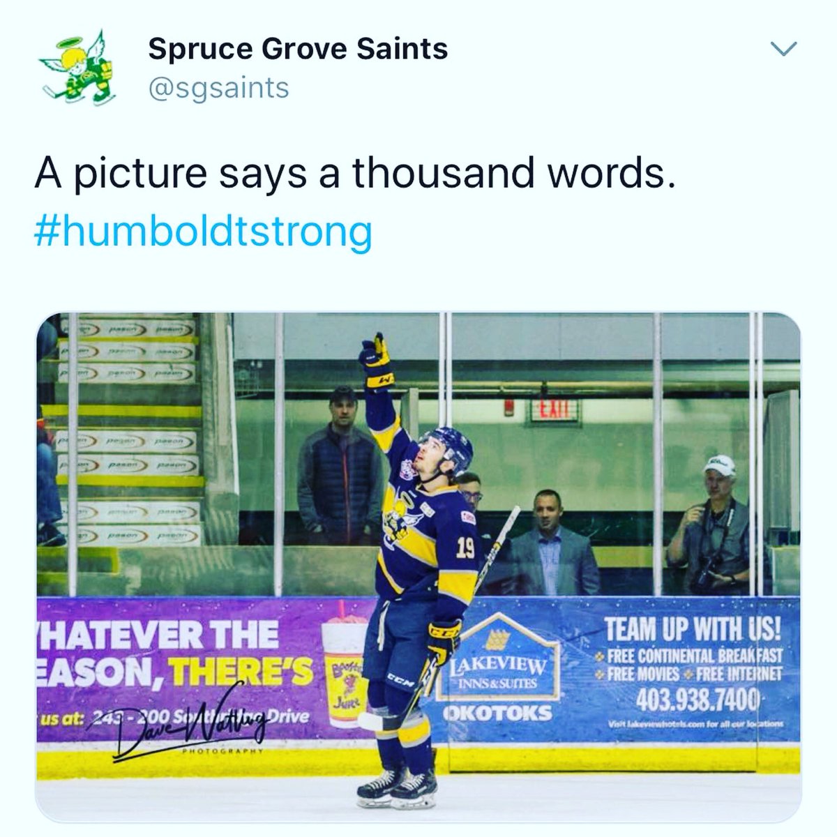 Chris Van Os-Shaw played in Humboldt last season and was a linemate of Broncos captain Logan Schatz. He scored the first goal in last night’s AJHL championship Game 1, looked up, and pointed to the sky #HumboldtStrong #Feels