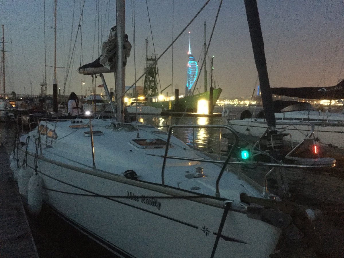 Finally arrived at Gosport after sunset! Stunning Spinnaker Tower behind!