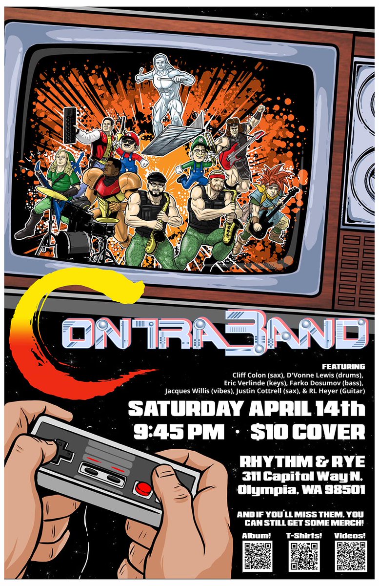 ContraReloaded's tweet image. Contraband is performing live TONIGHT (4/14) at Rhythm &amp;amp; Rye in Olympia, WA starting at 9:45pm! It should be a blast. If you're local, come on out and join us. We're going for a new high score!