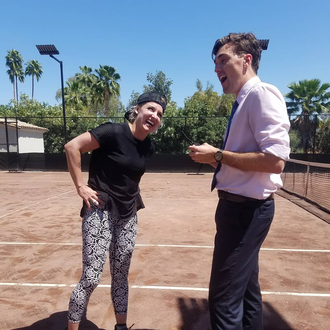 Adam_Waltz's tweet image. Just talked dogs, art, charity, kids with pink hair, fashion, kneecaps, and a little bit of tennis with U.S. tennis player @matteksands 🎾 I even got "schooled" at mini tennis, but I have 8 months until the rematch! #letthetrainingbegin #remattek #gamesetmattek