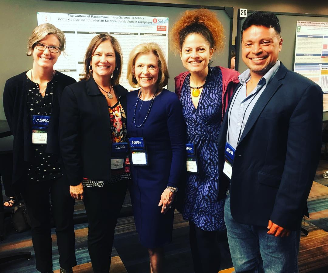 smusimmons's tweet photo. Dean @slknight2 visits Simmons’ faculty members Dara Rossi, Diego Roman &amp; their co-authors @Greses88 (@Stanford) and @k_c_busch (@NCState) re: their poster “The Culture of Pachamama." Read more about their work in the Galapagos via @smumagazine  https://t.co/jhIHMRu5iB #AERA18 https://t.co/EvOuUtNw7n