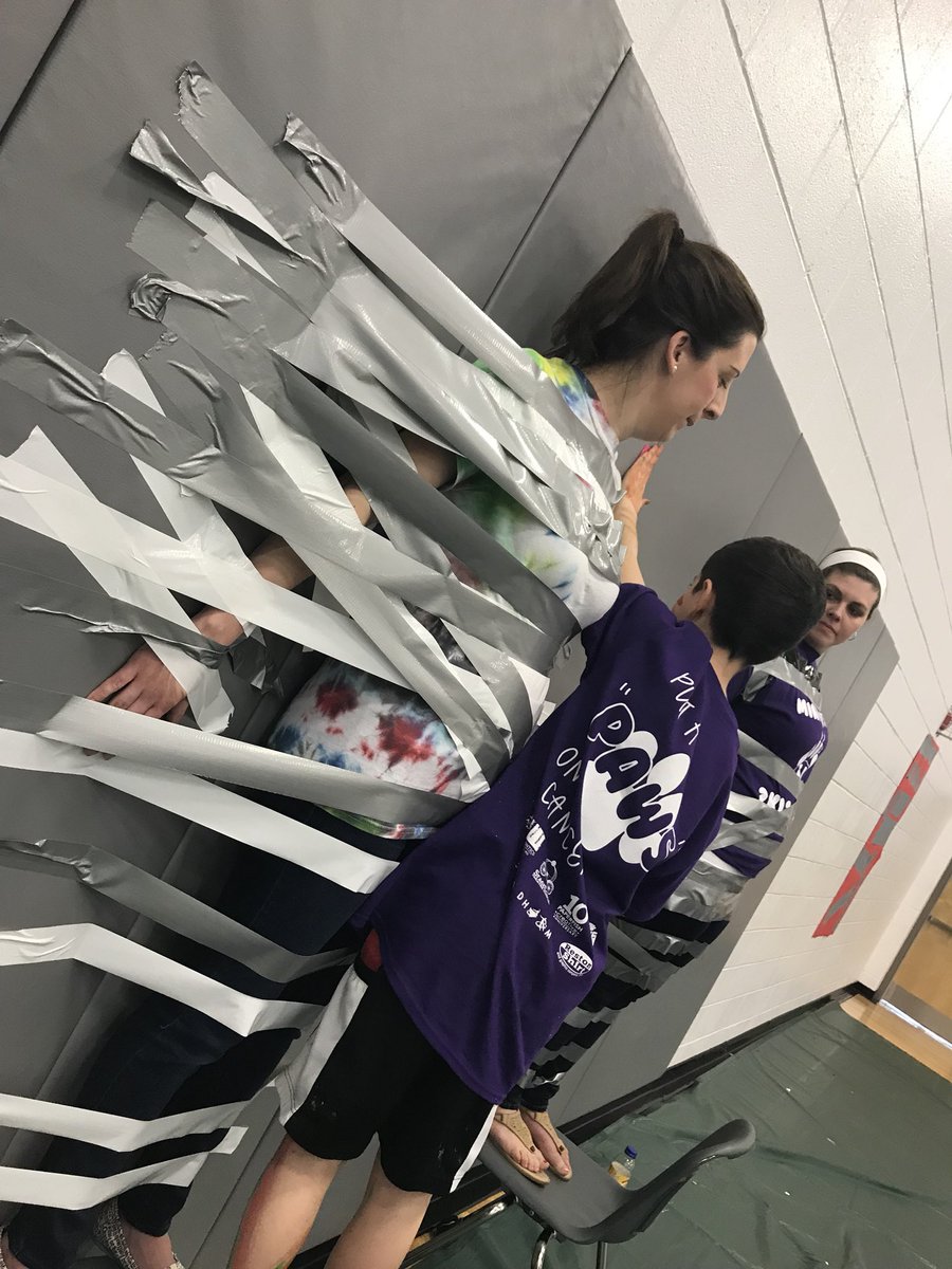 TMSMiniTHON's tweet photo. Mrs Gitlin and Ms Paquette being duct taped to the wall . Thank you so much !#ftk https://t.co/qY3eKFBRZ6