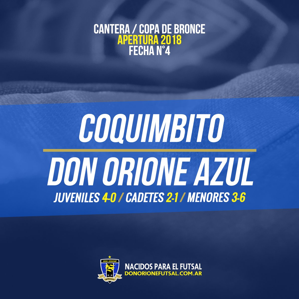 DonOrioneFutsal's tweet image. #Cantera | #CopaDeBronce | #Coquimbito vs. #DonOrioneAzul:

#Juveniles: 4-0
#Cadetes: 2-1
#Menores: 3-6

​#VamosElSanto * #NacidosParaElFutsal
