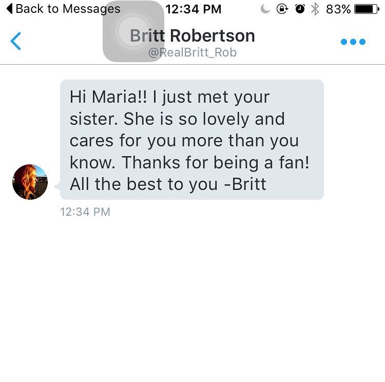 2/20/16
Britt Robertson
Via my sis &amp; twitter
✨
mm: my sis is a professional hairstylist &amp; got to do Britt’s hair. They got to chit chatting &amp; my sis mentioned I’m a fan of her &amp; Dyl &amp; I was sick with cancer. Britt was so touched she followed me &amp; also dm’d me. Maria is my sis.