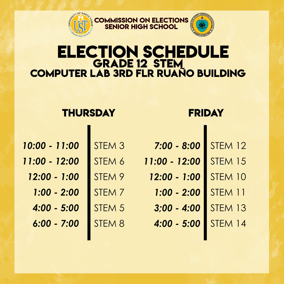 ustshscomelec's tweet photo. Here are the schedules for Grade 11, Grade 12 (STEM) and walk-in elections for the Local and Central Student Council Elections.
Please be guided accordingly.
All together for a culture of empowered democracy!
#AngUnangHalalan
#SHSLSC2018
#USTHalalan2018 https://t.co/VVDqK6Ft0j