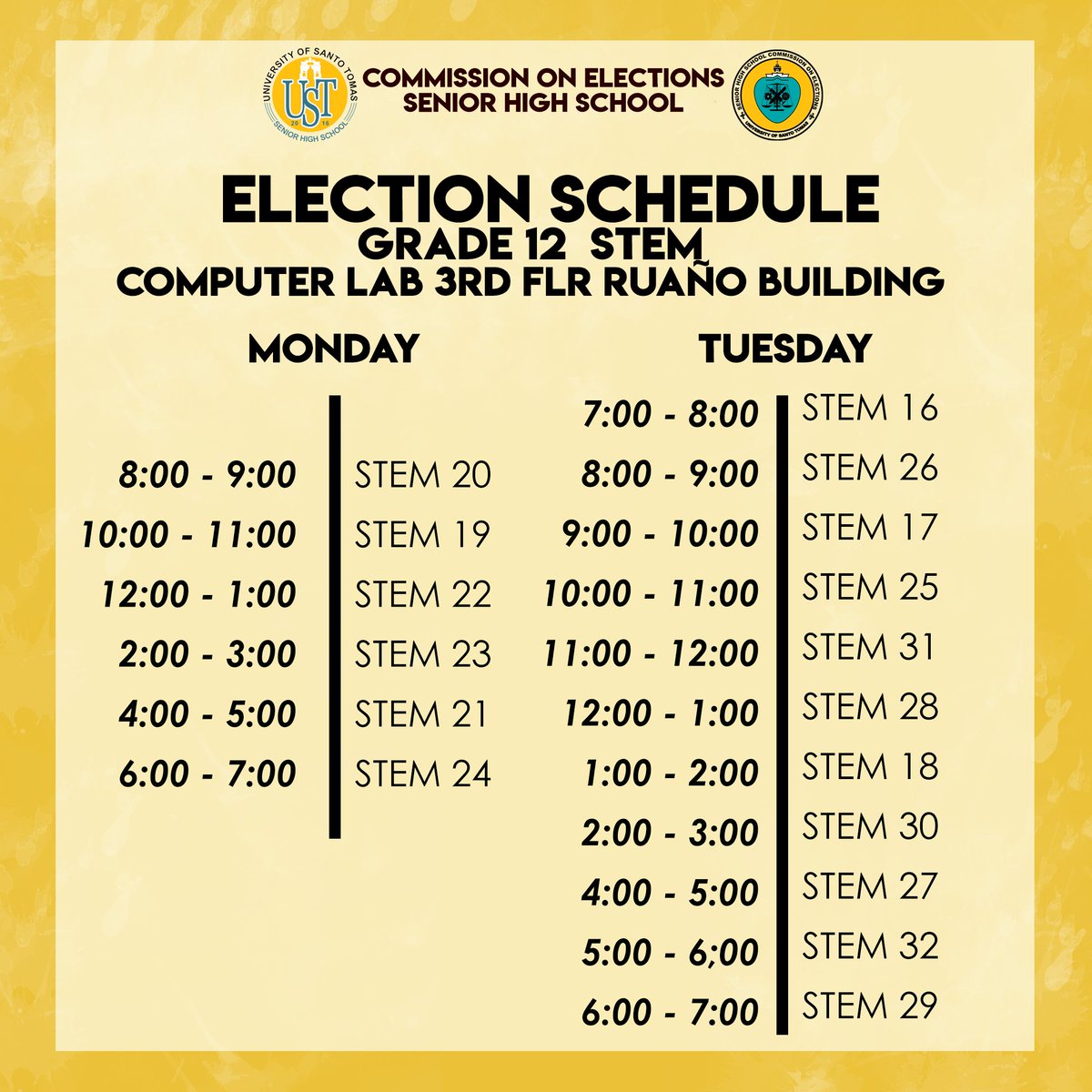 ustshscomelec's tweet photo. Here are the schedules for Grade 11, Grade 12 (STEM) and walk-in elections for the Local and Central Student Council Elections.
Please be guided accordingly.
All together for a culture of empowered democracy!
#AngUnangHalalan
#SHSLSC2018
#USTHalalan2018 https://t.co/VVDqK6Ft0j