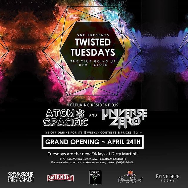 texasmusicfests's tweet photo. We are teaming up with local DJs @atomspacific and @officialuniversezero to bring dance music back to Palm Beach with the all new TWISTED TUESDAYS! ...
#Stormgroupent #dirtymartini #palmbeachgardens #palmbeach #Twistedtuesdays #universezero #edm #house⦠https://t.co/LHAMWsoazt https://t.co/ISp3pv5nsp