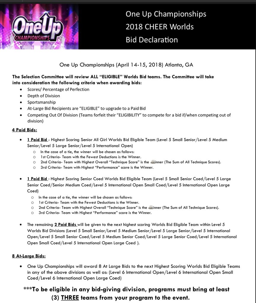 worldsbids's tweet photo. Day 1 Bid Order #OneUpATL 
In line for Paid Bids 
Senior All Girl Paid Bid 
   Cheer Intensity Lady Lions 
Senior Coed Paid Bid 
   Tiger Elite Fierce 5 
Next 2 Paid Bids 
   Premier Athletics Great Whites 
   LACF Gold 
In line for At Large Bids 
   Stingray Rust https://t.co/kgkZoe7QE6