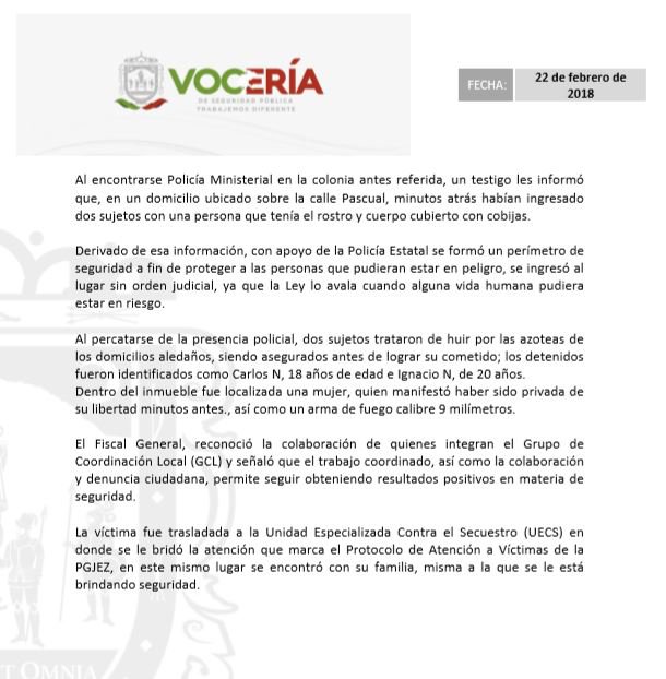 voceria_spz's tweet photo. #VoceríaSPZ informa, Como resultado de una #prontadenuncia y de la inmediata actuación de las autoridades, la tarde de este sábado #PolicíasMinisteriales concretaron el rescate de una mujer que había sido privada de su libertad; tras este operativo dos hombres fueron detenidos. https://t.co/fAtAqrZfgV