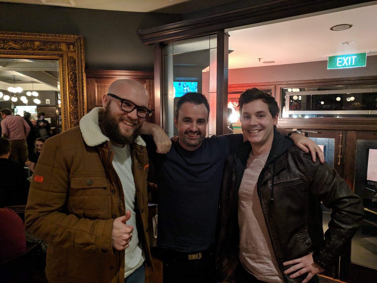 ShakenNotNerd's tweet photo. Dudi and Ian saw the first live #weeklyplanetpod and was great! Full of laughs and kit kats! We also got to chat to and snap a quick pic of @mrsundaymovies himself. Great bloke! @wikipediabrown is #number1partyboy Great show guys! Definitely do another one
#planetbroadcasting https://t.co/PbgSkk38tf