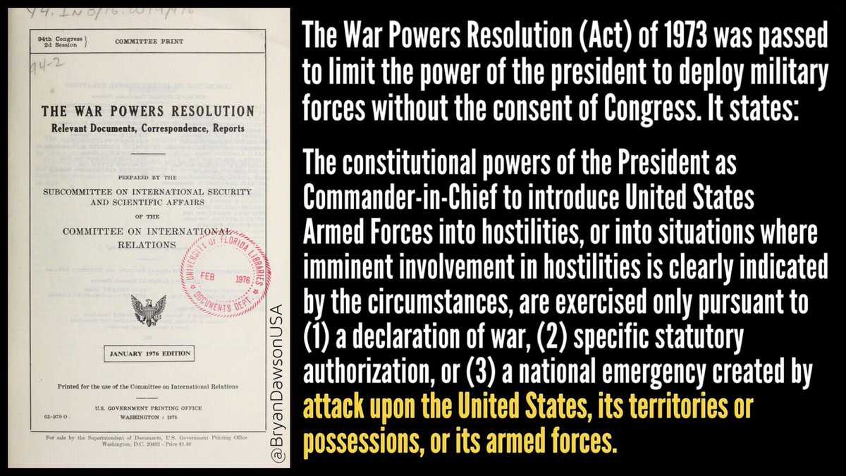 BryanDawsonUSA's tweet image. The War Powers Act of 1973 is clear. Without an attack on the US or its forces, the president must seek Congressional authorization to attack. Obama sought authorization on Syria (Trump sarcastically tweeted he had to as well). Congress refused
#WarPowersAct #SyriaStrikes #Syria