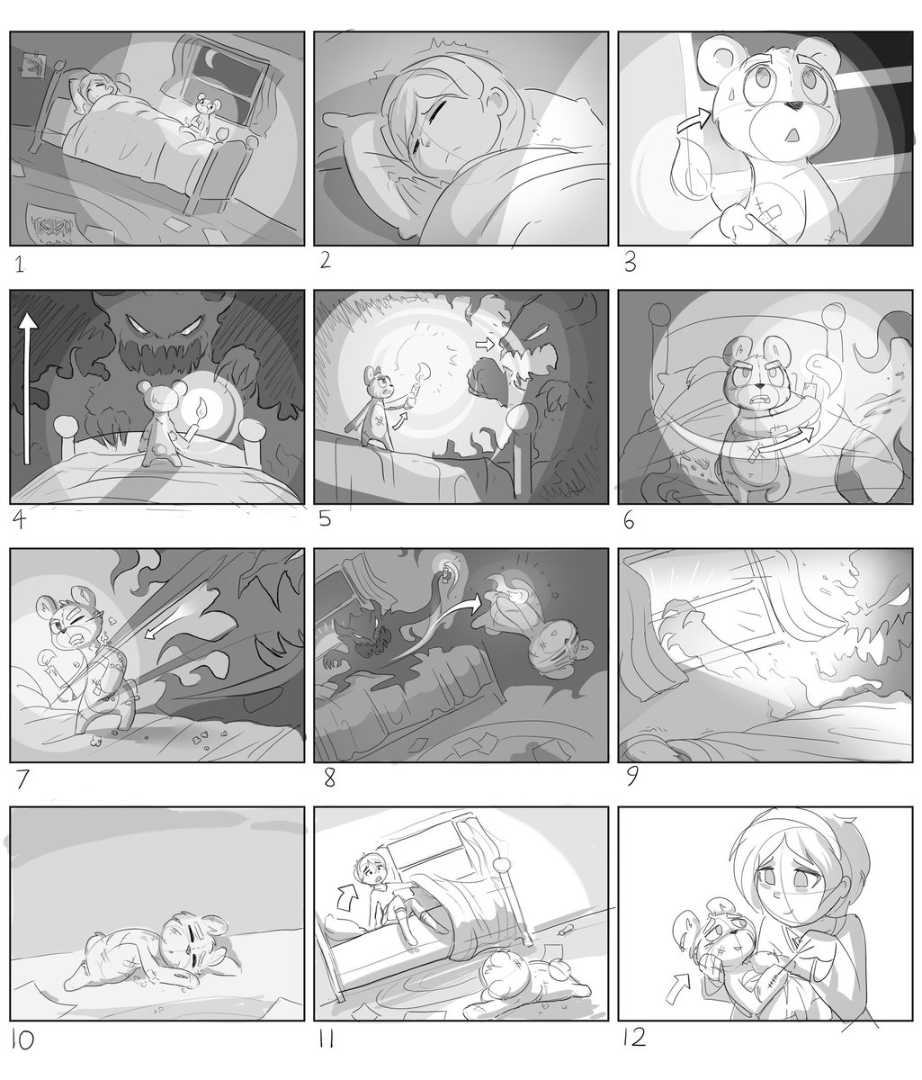 12 Frame Storyboard I did for my class!

It's about a teddy bear that has to protect a little girl from her fear of the dark 