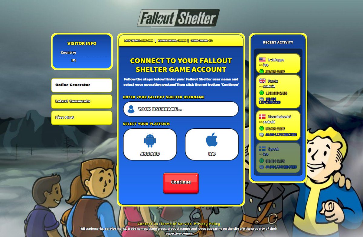 FrankLuuSr1's tweet photo. Fallout Shelter Hack For Unlimited Caps &amp; Lunchboxes
https://t.co/sz1wIinMW3
#game #gameonline #cheats #hack #hacked #gamers #Generator #free #playing #greatgame #moba #tool #onlinehackgame #FalloutShelterHack #FalloutShelter https://t.co/KuHqoL5cSx