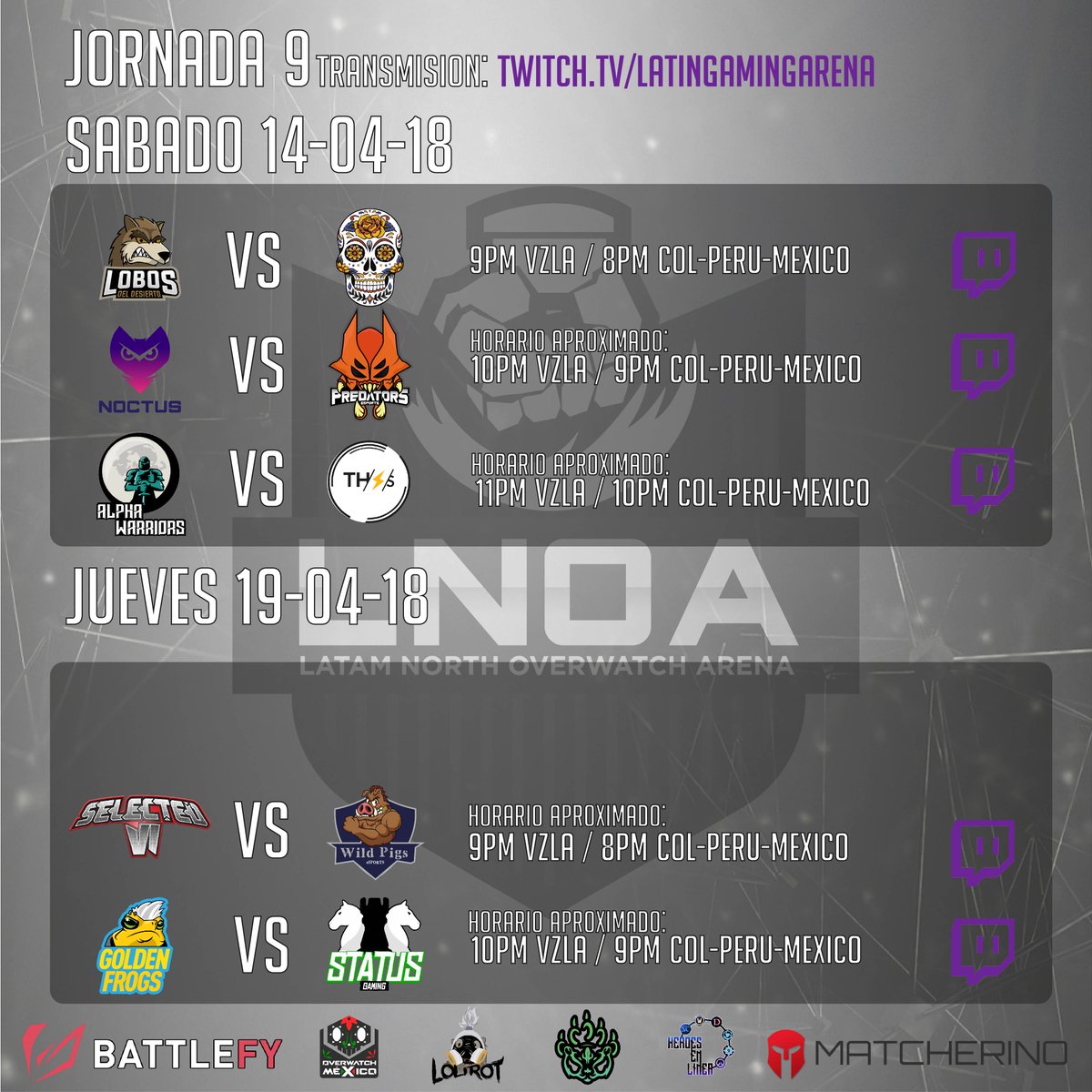 LGAplay's tweet photo. Continua la #LatamNOA - Season 1 Jornada 9!
En VIVO!
https://t.co/fQvto2R0gS
@NoctusEsports 🇻🇪️vs🇲🇽️ @PredatorsEsport
@AlphaWarriors_ 🇲🇽️vs🇨🇴️ #ThunderStorm
Con #Daek y @RamonEstacado
#Sponsors: @Lolirotve @54Grades @HeroesEnLinea @matcherino_ @OverwatchMXMX https://t.co/YOulDDbzuj