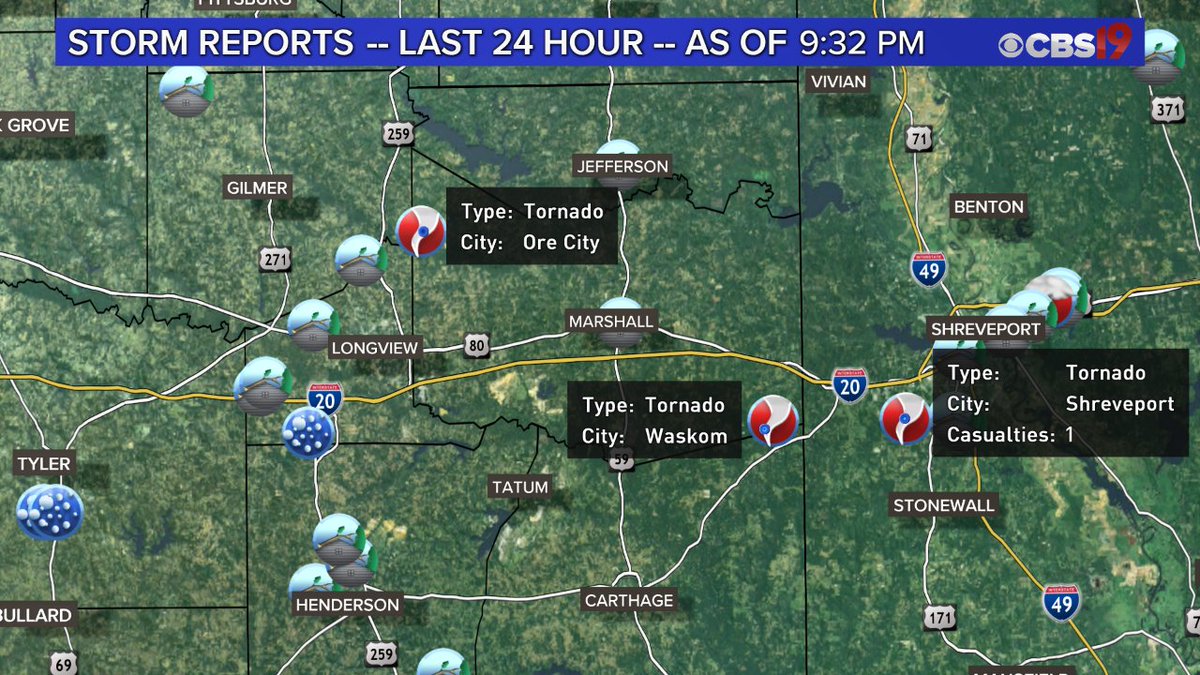 MikeBehrensWX's tweet photo. Lots of storm reports from yesterday's storms, including at least 1 confirmed #tornado in #EastTexas near #Waskom. Another tornado was confirmed in #Shreveport. Surveys still pending for a reported tornado in #OreCity. More on CBS 19 News @ 10. #TXwx #LAwx https://t.co/aJp9Fm2ROO