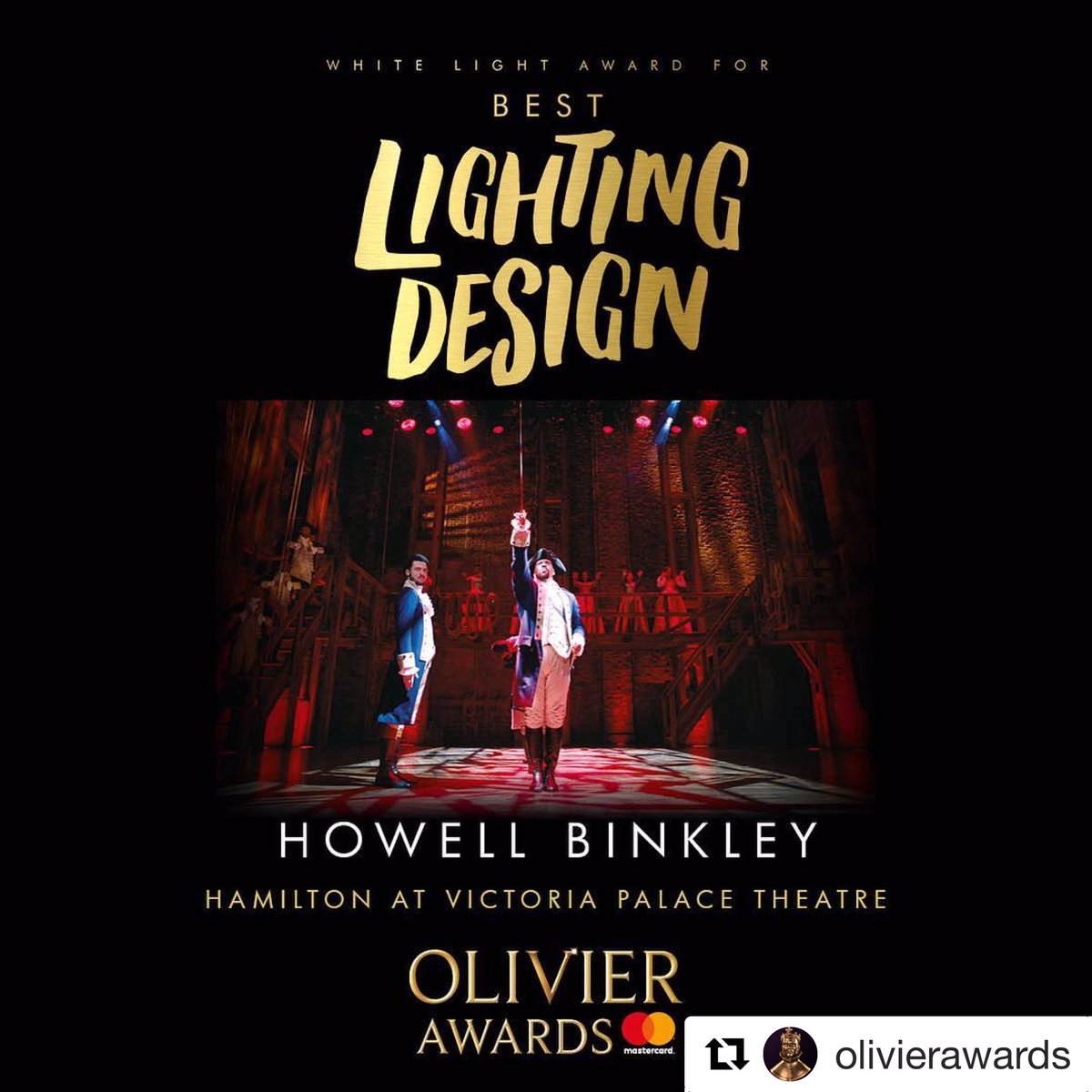 ArielEquip's tweet photo. Congratulations to The Hamilton Lighting Team. Howell Binkley of course for the award, Also our homegrown @00attwoodj @ArielCTheatre https://t.co/WhnIZb8GAJ