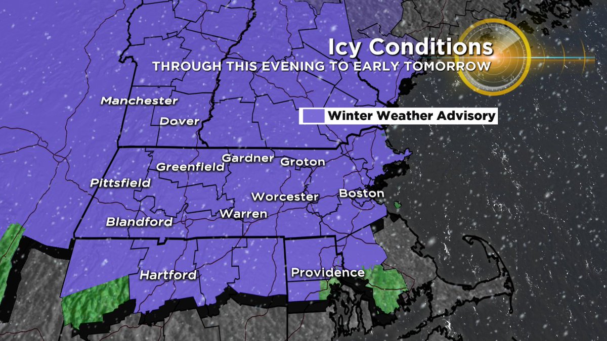 BarryWBZ's tweet photo. The @NWSBoston Has Issued The Winter Weather Advisory Due To Sleet & Pockets Of Freezing Drizzle & Freezing Rain Especially In Areas Farther North & West Of Boston. Expect Slippery Conditions Developing As The Day Progresses! #slicksurfaces #wbz https://t.co/GRM7U9hRMw