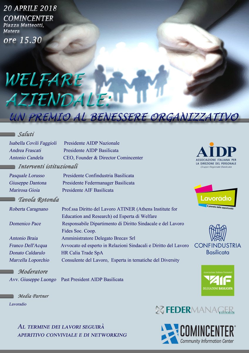 Vi aspettiamo il 20 aprile per condividere i temi del WELFARE AZIENDALE con <a href="/Comincenter/">Comincenter</a> @BasFedermanager <a href="/lavoradio/">Lavoradio</a> e tanti altri! #aidp #aidpbasilicata #aidpevent #event #welfare