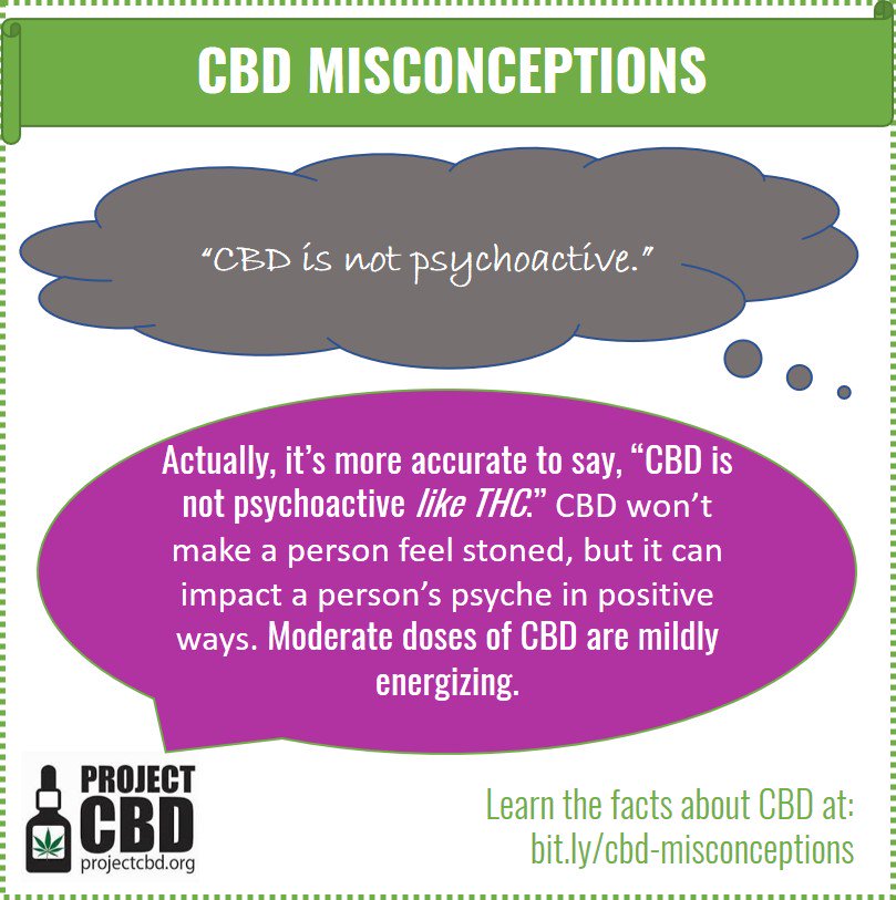 CBD Misconception #5: “CBD is not psychoactive.”Actually, it’s more accurate to say, “CBD is not psychoactive like THC.” CBD won’t make a person feel stoned, but it can impact a person’s psyche in positive ways. Moderate doses of CBD are mildly energizing. 
>> To learn more abo