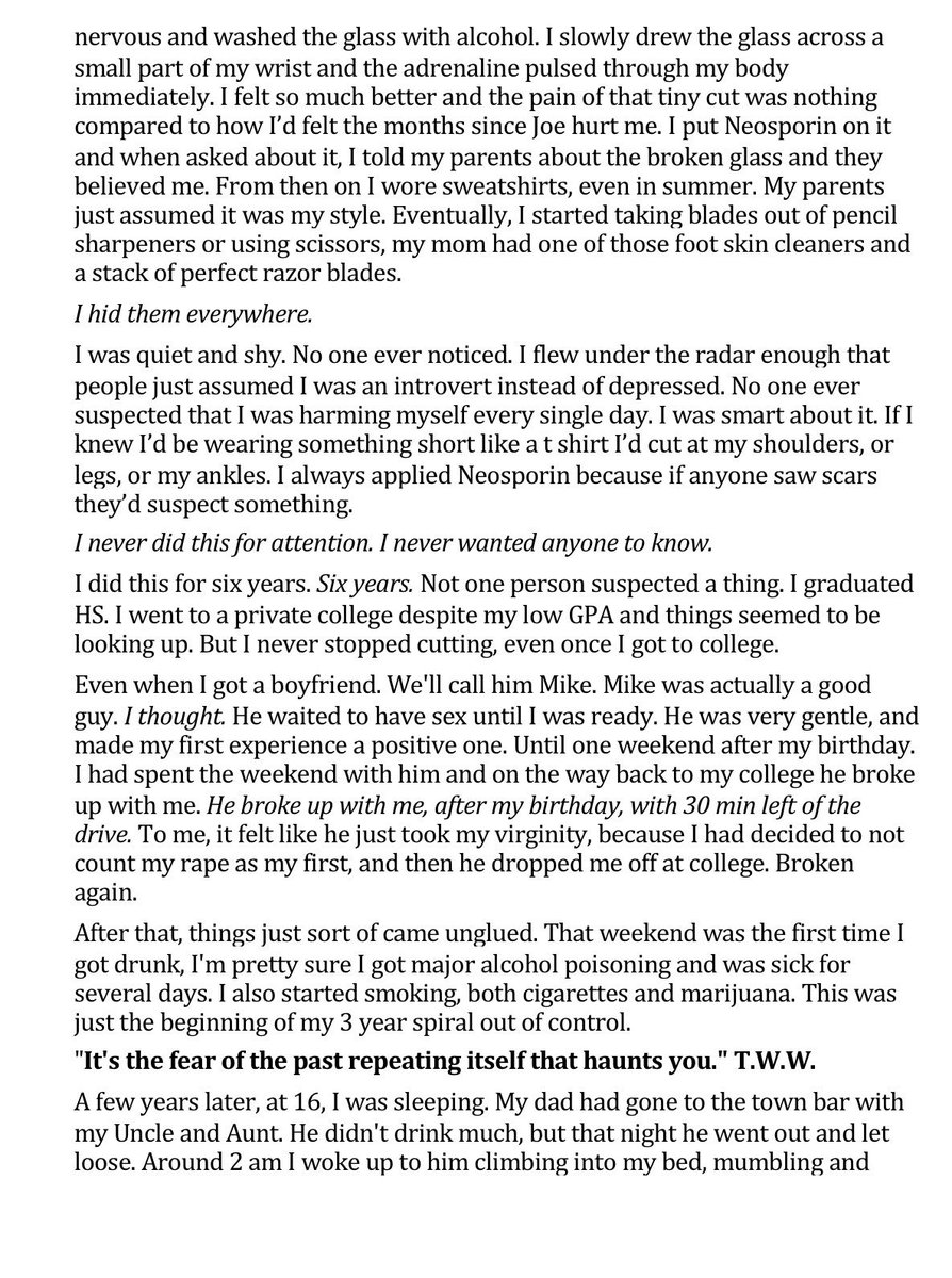BraveheartEmiIy's tweet photo. I wasn’t going to post my full story here. It’s ugly, devestating, and I’m still trying to figure out how I survived. I know it can help other people so I’m willing to expose my demons to help others release theirs. #ChildAbuseTrigger #RapeTrigger #SelfHarmTrigger #SuicideTrigger https://t.co/Z7e9GlZoh4