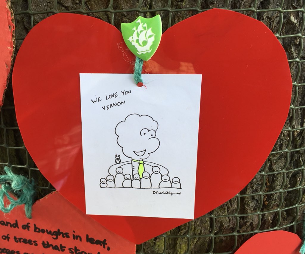 sj_unwin's tweet photo. 💚Day 61💚of Vernon’s 💚#ShowTheLove💚#Valentines Day celebration heart messages from @TheSadSquirrel “WE LOVE YOU VERNON” -oh yes we do-plus Ellie’s green #BluePeter badge #StandWithVernon #StandUpForTrees @SAVEDORETREES #SaveSheffTrees  #TheWorldIsWatching #NoMoreFelling https://t.co/ztu8c6gXwd