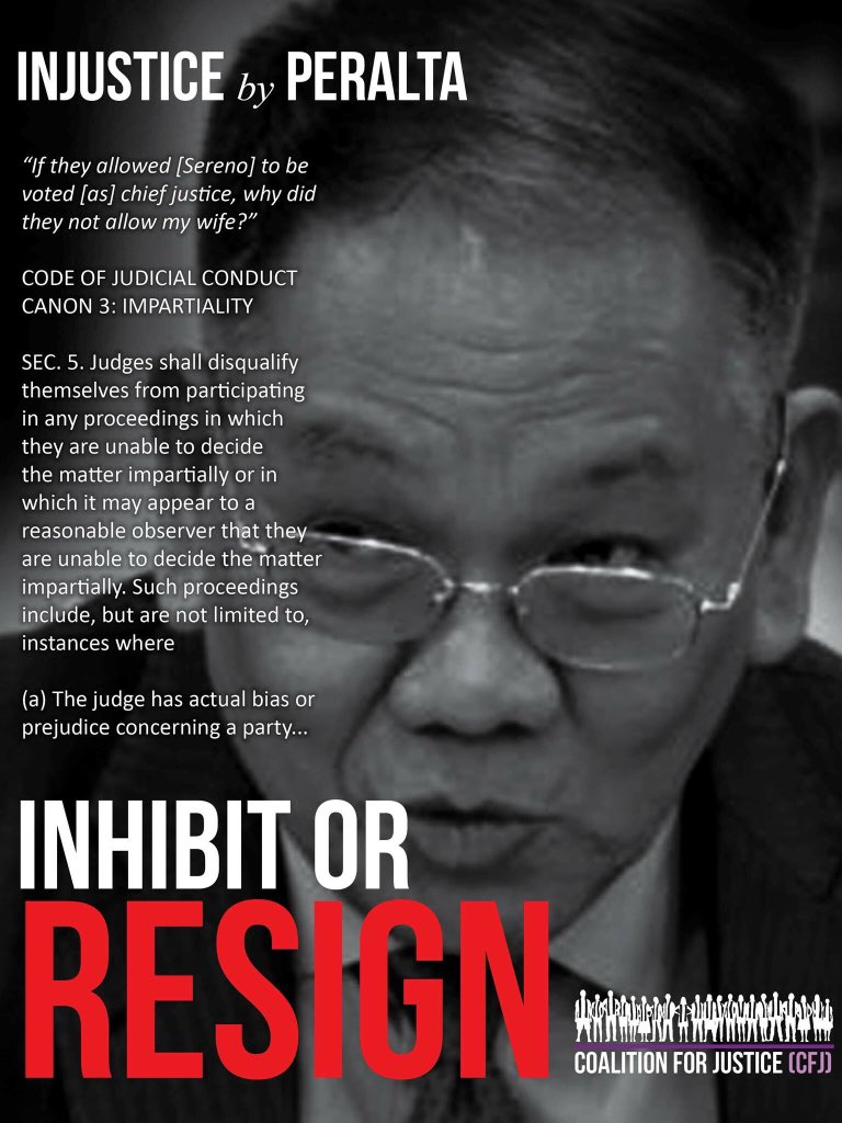 CFJustice2017's tweet photo. “If they allowed [Sereno] to be voted [as] Chief Justice, why did they not allow my wife?”

-Injustice by Peralta

Read more at

https://t.co/OiOguWRspN

#InhibitOrResign
#LabanCJ
#LabanCJLabanBayan https://t.co/azBKRa8GiU