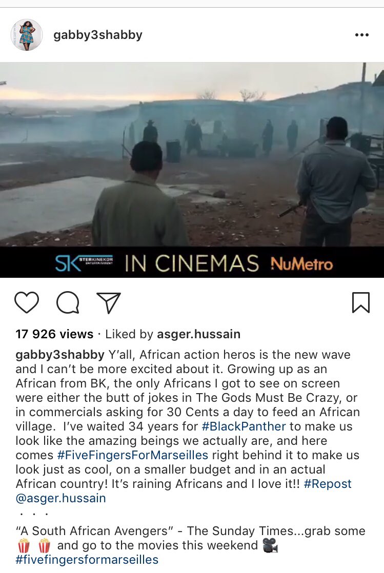The world is noticing #AfricaRising✊🏾 Thanks for the shoutout @GabbySidibe Can’t wait to release in #USA Sept 7th! #FiveFingersForMarseilles now showing in SA cinemas