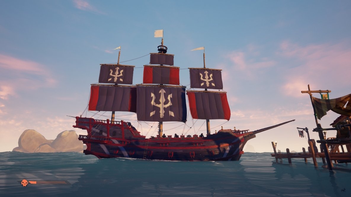 LotteElizGaming's tweet photo. So after helping my crewmates hoard gold, shoot skellies, take skelly forts and other whimsical things, we finally got enough gold to update our Galleon paint job! Now we are jolly fancy! @SeaOfThieves #BeMorePirate #SeaOfThieves #apirateslifeforme #gaming #streaming #3mancrew https://t.co/jqOKmc8AmY