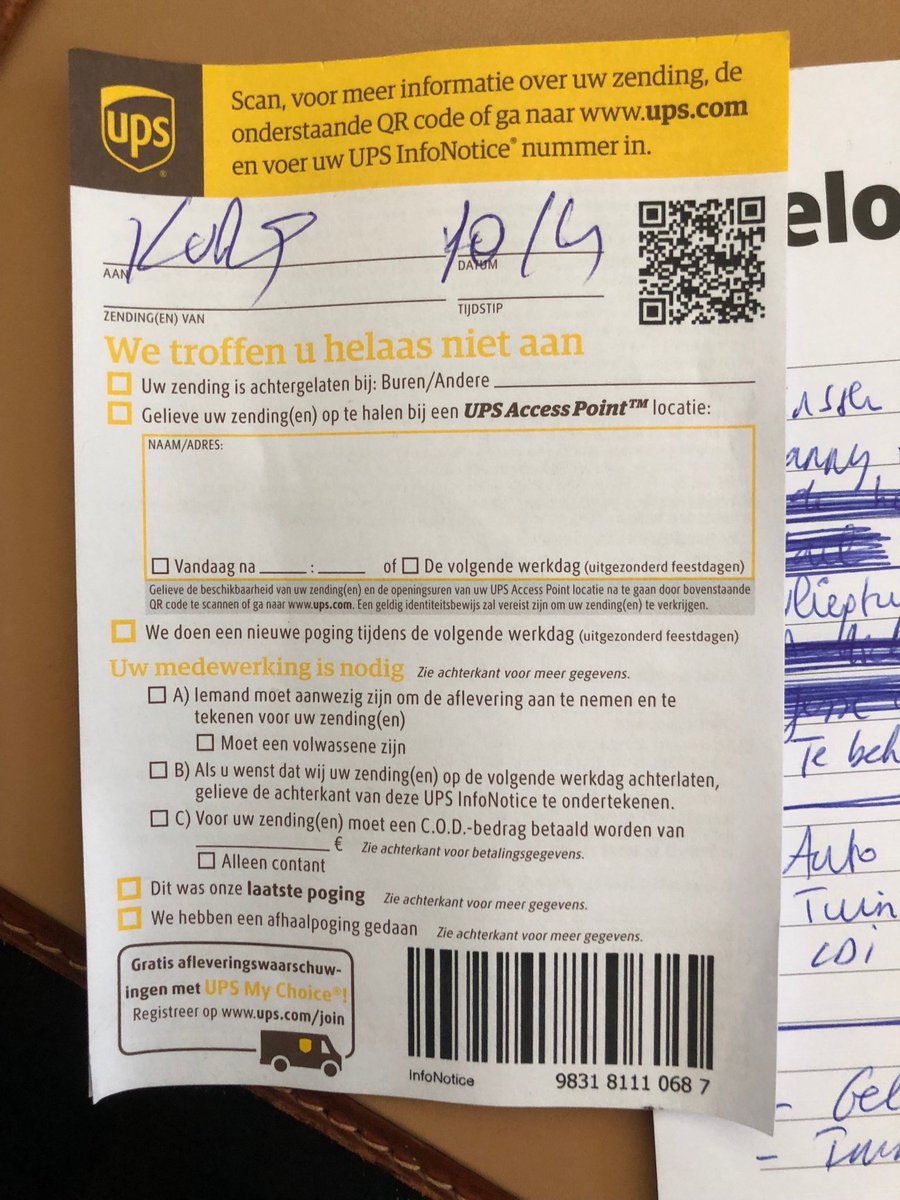 wipeeters's tweet photo. @UPSHelp Nobody seems to know where my package is. I found this form in my mailbox. QR code gives an error, infonotice says the package is picked up by someone I don’t know. BE customer service doesn’t respond. #poorservice #Ineedmyshipment https://t.co/F4AHRGgbtG