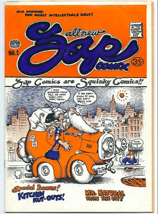 Books as Issued, Exhibitor at the upcoming 2019 Fair.  Selection from web-site.  Zap Comix No. 1 (Robert Crumb), 1st Don Donahue printing, 2nd printing overall. Copyright 1967, published 1968. 35 cent cover price.  "Printed by Don Donahue" on back cover. 24 pages. Paginated.