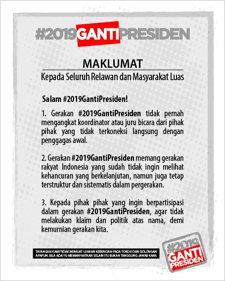 <a href="/NetizenTofa/">MUSTOFA NAHRAWARDAYA</a> <a href="/CNNIndonesia/">CNN Indonesia</a> Terimakasih mas Mus <a href="/NetizenTofa/">MUSTOFA NAHRAWARDAYA</a>.
Berikut Maklumat #2019GantiPresiden yg sudah disebar pekan lalu, mari kita JAGA bersama dengan niat ikhlas agar cita2 ini terwujud, krn sangat mungkin ada pihak2 yg tidak suka dgn gerakan ini sehingga melakukan  hal2 yg justru merusaknya 😊