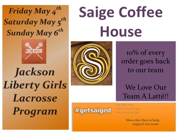 LibGirlsLax's tweet photo. Huge fundraiser for @LibGirlsLax ALL next weekend May 4th-6th @SaigeCoffee. Please help support our program!! @JLHSLionRoar https://t.co/HE7NB8W7r1