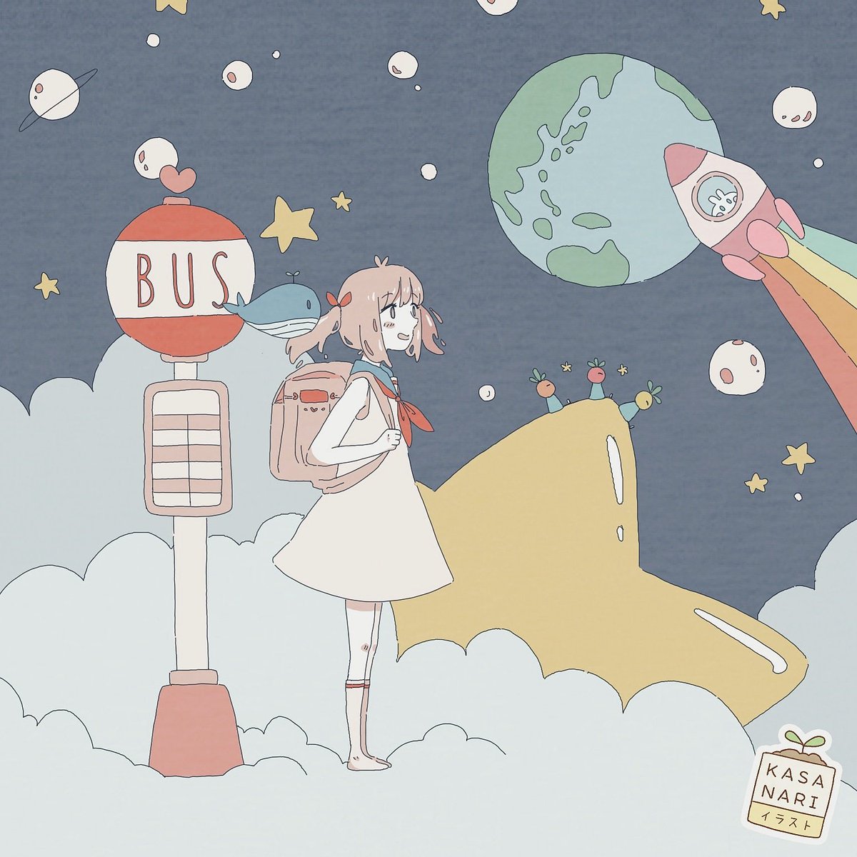 Nari 18 04 29 Waiting For The Bus To Take Her To School 学校に行くバスを待っています Space Bus Waiting School Earth Cloud Whale Rocket Star Pastel Kawaii Drawing Illustration 宇宙 バス停 待ってます 学校 地球