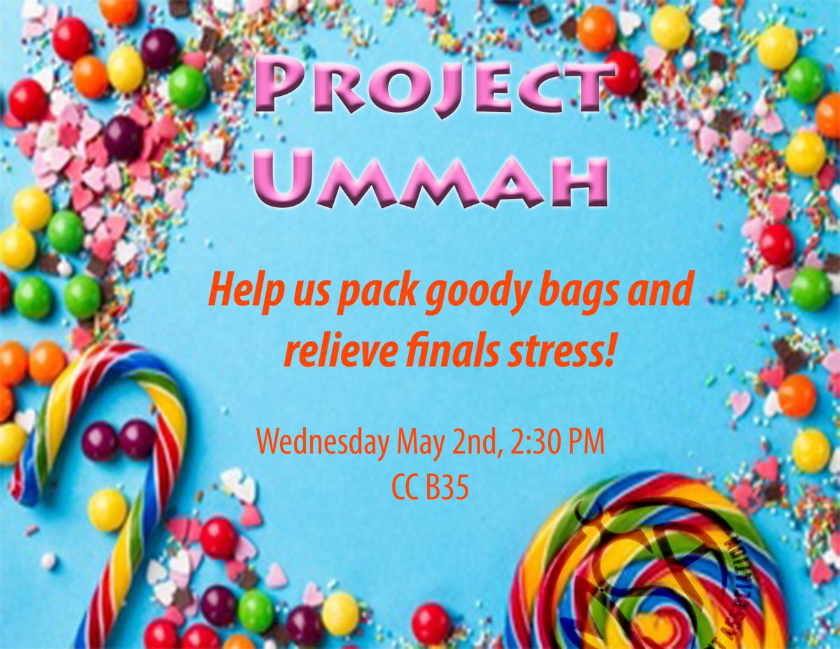 Project Ummah this Wednesday. Help us hand out goody bags to the student body. Can't let that finals stress get to you.