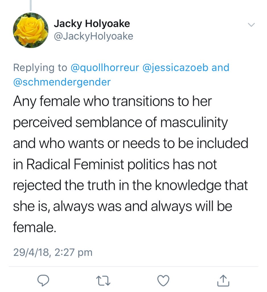 Addit 4: apparently Jacky’s Totes Trans Inclusive Radical Feminism includes trans men ...By denying they exist. (Pretty sure she keeps wording it like this because she means masc women rather than trans men)