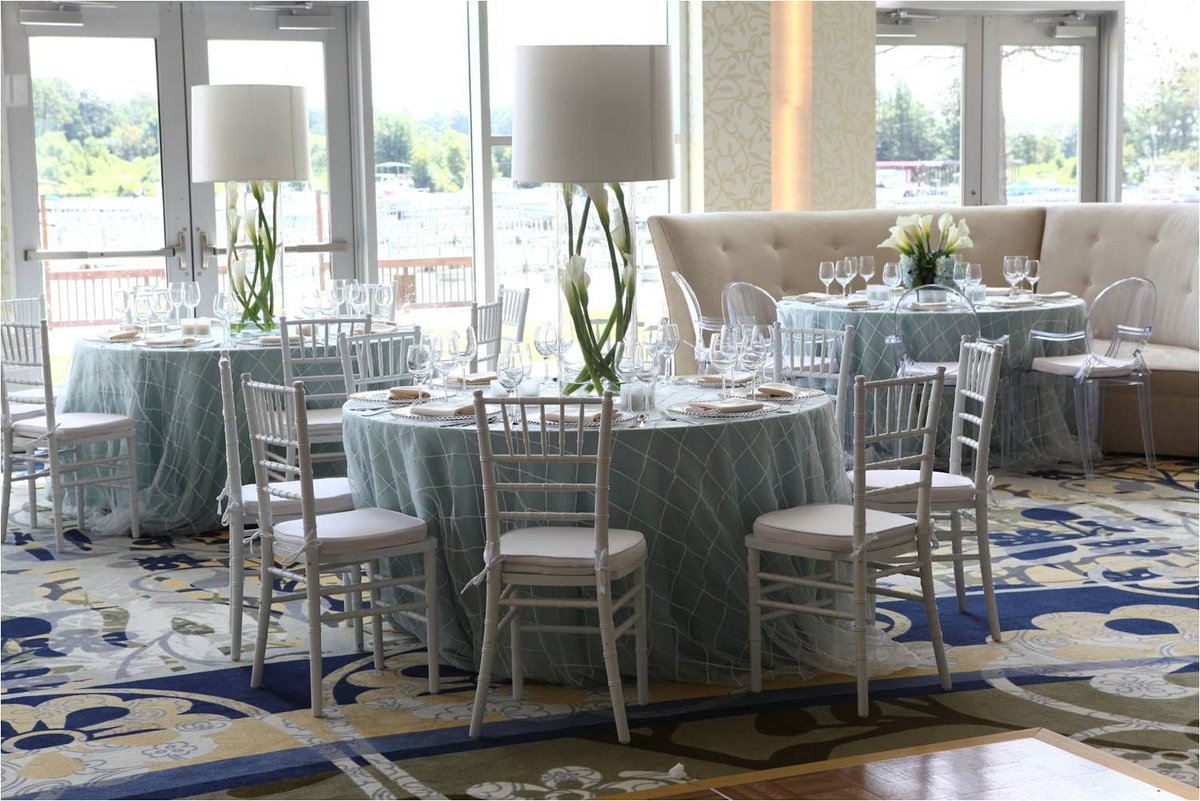 ebincevents's tweet photo. Add a little 'Breakfast at Tiffany's' style to your event! {ft. white chiavari chairs, pearl pintuck organza overlay} https://t.co/l39fWVbtgy