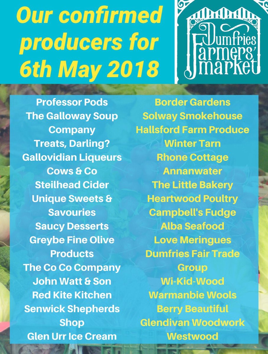 Here are the list of #local #producers -both #foodanddrink as well as some #crafts that will be here at #DumfriesFarmersMarket on #Sunday 6th of #May at #Dumfries #TrainStation with new additions of Red Kite Kitchen &amp; Love Meringues. #LoveDandG #DumfriesAndGalloway #FarmersMarket