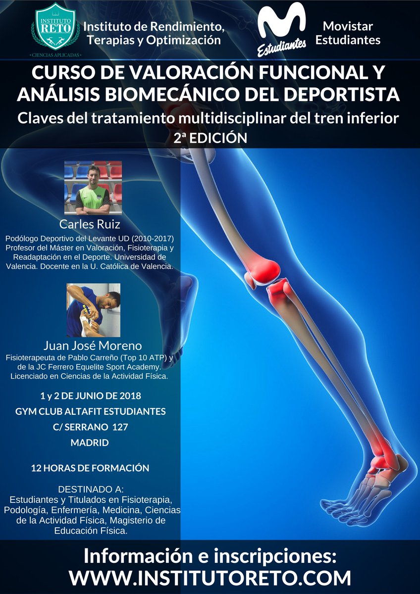 InstitutoRETO's tweet photo. 📢Descuento por Inscripción anticipada hasta el 12 de Mayo! #Curso de #Valoración #Funcional y Análisis #Biomecanico del #Deportista. Con @CR_Esportclinic y @JuanjoMoreno_M y en colaboración con @ClubEstudiantes 
📍#Madrid
🗓️1 y 2 de Junio
Inscripciones: https://t.co/iy4I4w7XPa https://t.co/vdcmRdB9n9