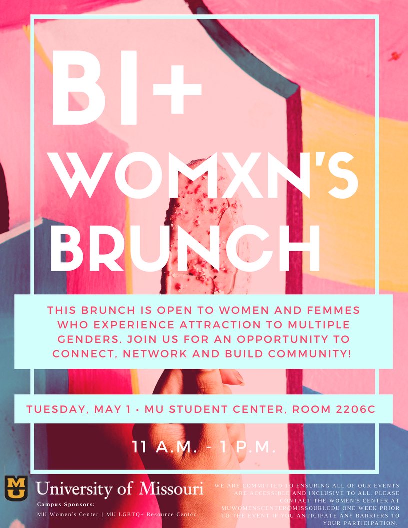 MUWomensCenter's tweet photo. Come out to our Bi+ Womxn’s brunch this Tuesday, May 1st from 11am-1pm! https://t.co/E3kBk4IlZU