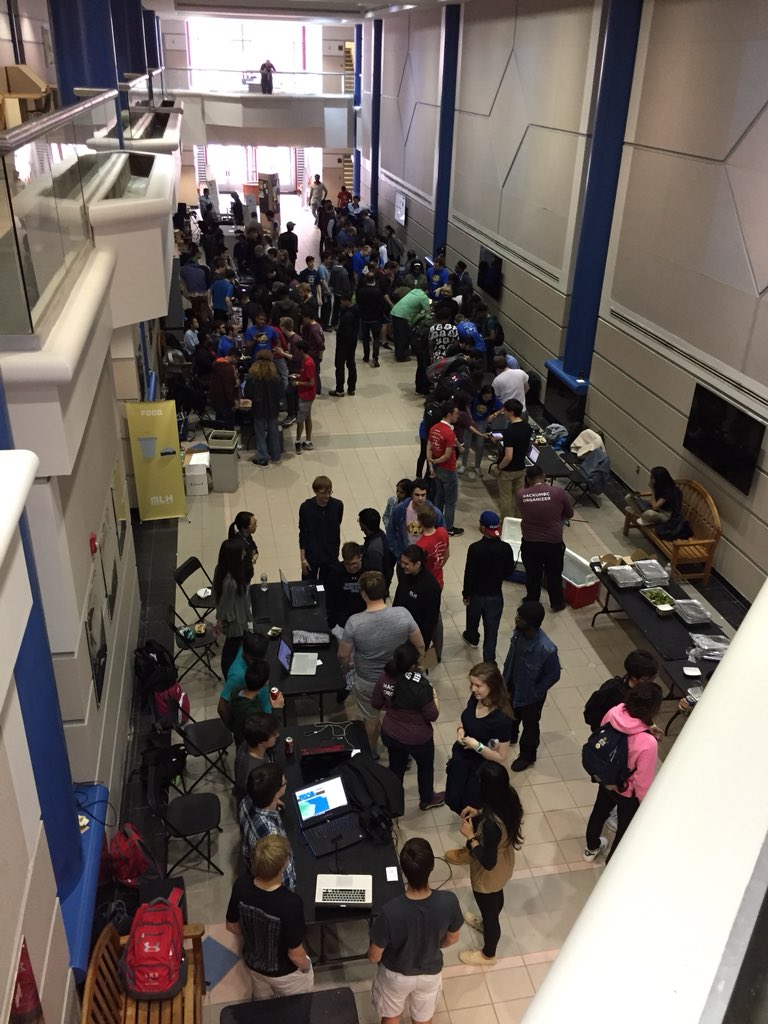 hackumbc's tweet photo. Lots of demos going on in ENGR Atrium now!! #HackUMBC #hackumbcs18 https://t.co/DeGxixGO3Y