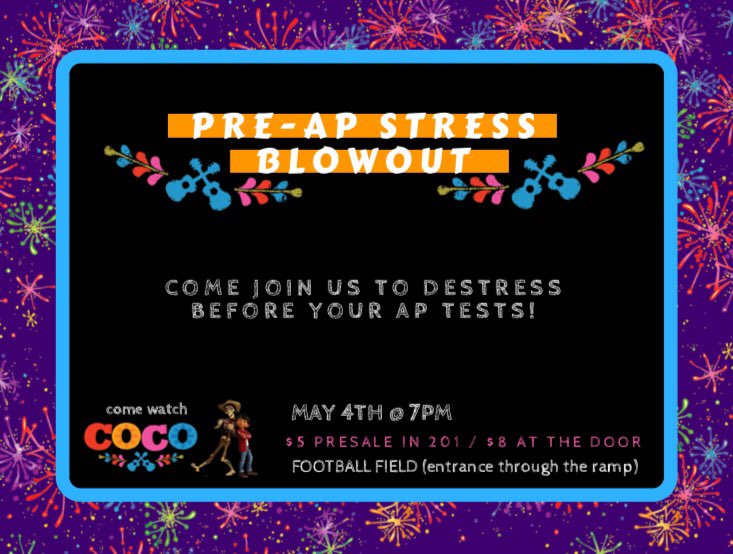miramesa2018's tweet photo. Come to the Pre-AP Stress Blowout this Friday at 7PM to watch Coco with your friends 💙 https://t.co/YyXEcE8L5S