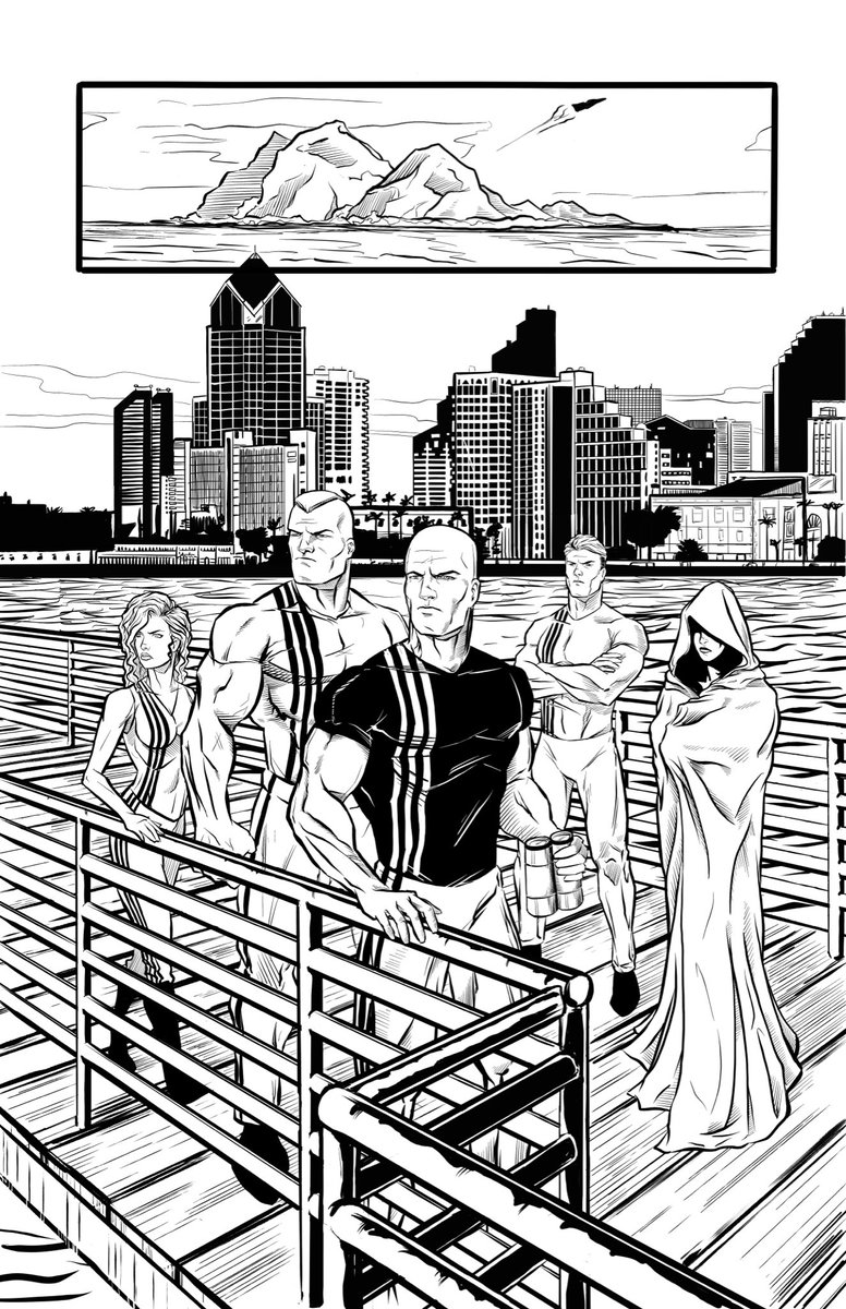 RenderContender's tweet image. HJs comic book pg 3. The team! From left to right: Ivy Rose, Boulder Jack, Agent Lee, Acid James, Mrs. Wanda. #comicbookart #inkingcomics #superheroteam