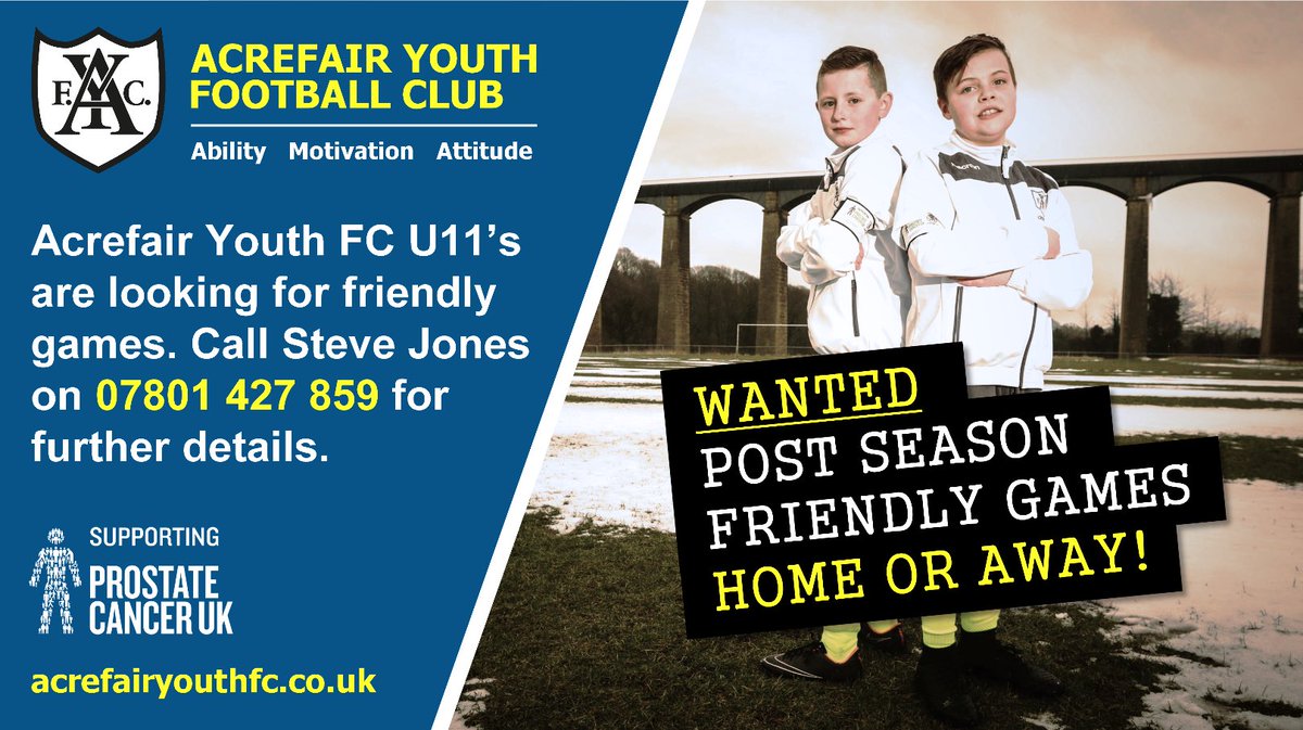 Acrefair Youth FC (@acrefairyfc) on Twitter photo <a href="/AcrefairYFC/">Acrefair Youth FC</a> are looking for friendly games for their Under 11s squad both home or away. So if you fancy a game call Steve Jones, Head Coach 07801427859.
Visit acrefairyouthfc.co.uk for further details about <a href="/AcrefairYFC/">Acrefair Youth FC</a>.
#TogetherWeStand
<a href="/AcrefairYFC/">Acrefair Youth FC</a> Supporting <a href="/ProstateUK/">Prostate Cancer UK</a> <a href="/AcrefairYFC/">Acrefair Youth FC</a> are looking for friendly games for their Under 11s squad both home or away. So if you fancy a game call Steve Jones, Head Coach 07801427859.
Visit acrefairyouthfc.co.uk for further details about <a href="/AcrefairYFC/">Acrefair Youth FC</a>.
#TogetherWeStand
<a href="/AcrefairYFC/">Acrefair Youth FC</a> Supporting <a href="/ProstateUK/">Prostate Cancer UK</a>