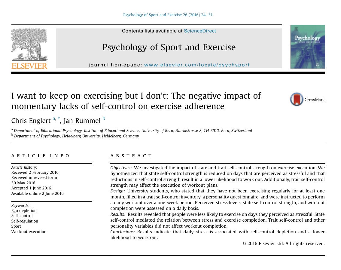 I want to keep on exercising but I don’t: The negative impact of momentary lacks of self-control on exercise adherence

• daily stress is associated with self-control depletion and a lower likelihood to work out

sciencedirect.com/science/articl…