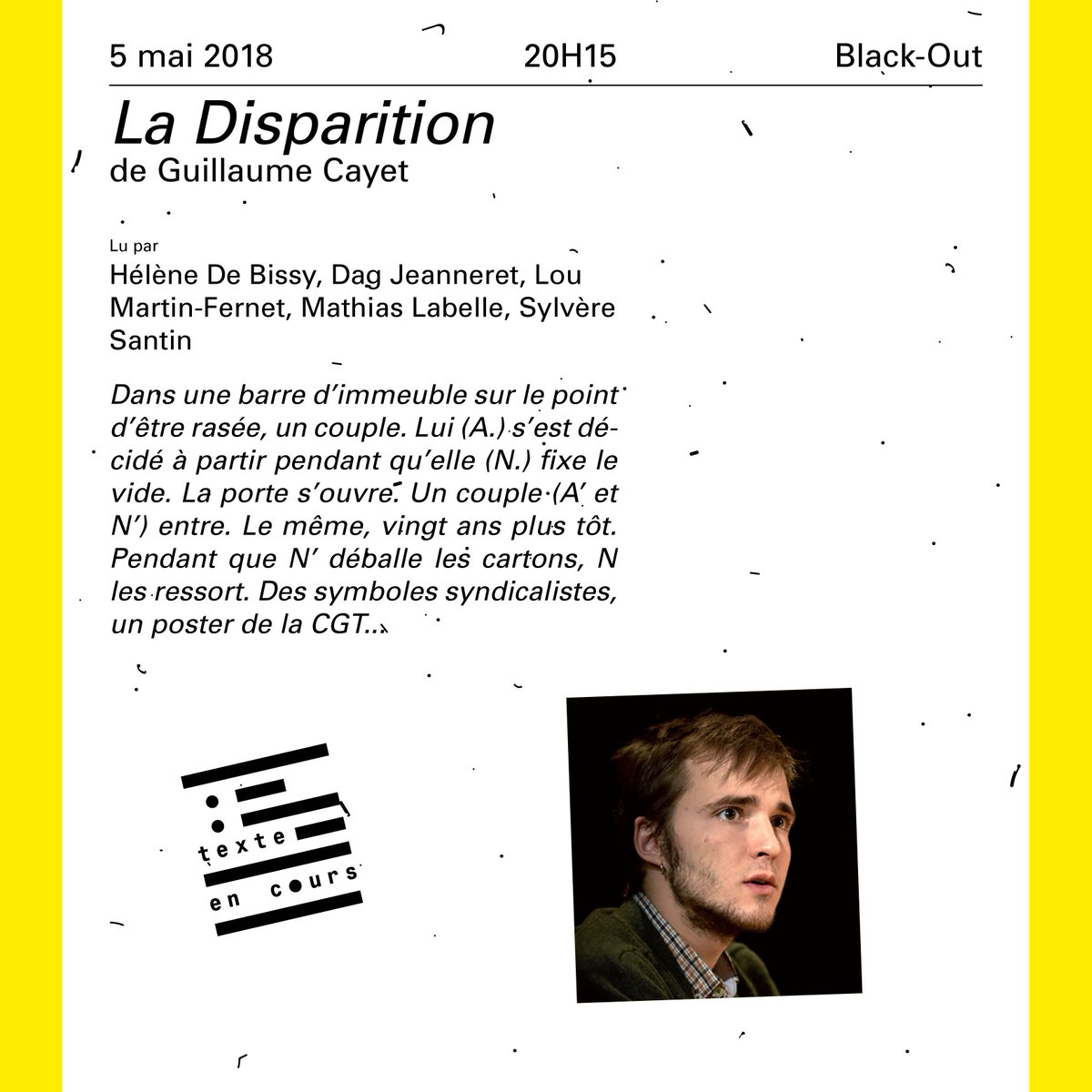 TEC a un comité de lecture qui n'est pas devin mais qui a du nez. Aux jours des luttes syndicales actuelles, faisons entendre, dans la #dramaturgie 2018, une vie de #militants.
Samedi 5 mai 2018 : Black Out
6 Rue de la Vieille – #Montpellier <a href="/montpellier_/">Ville de Montpellier</a> 
facebook.com/texteencours/p…