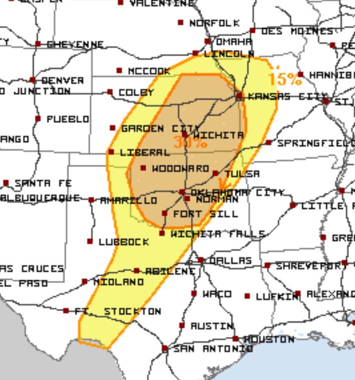 KOCOdamonlane's tweet photo. Sunday Update: The potential for *strong tornadoes* is increasing for Wednesday in the orange shaded area. Storms will be isolated and begin to form by 3pm. Please clean out your shelters today just in case. Stay tuned. https://t.co/fWXciyzFpg